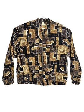 Kensington Square Vintage Jacket 2X Womens Black Gold Geometric Zip Up Made US